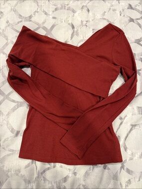 Off-Shoulder Long Sleeve Ribbed Top - Rust Red
